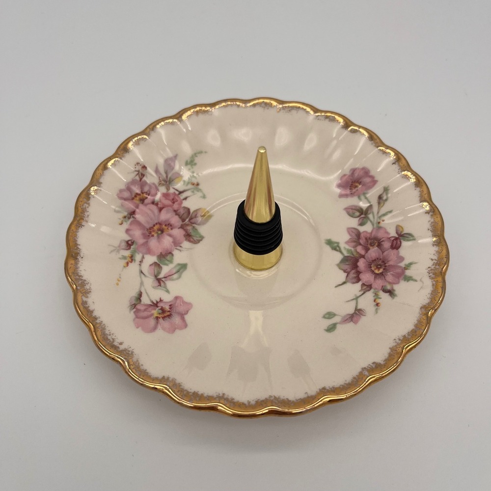 Handmade Floral Porcelain Ring Holder Tray Gold Spindle Pink Flower Dresser Dish